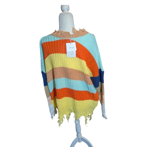 New Miracle Striped Sweater Distressed Orange/Tan/ Blue NWT Sz M/L - Picture 5 of 8